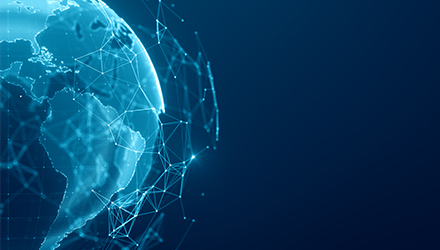 A digital rendering of a globe, with connection points superimposed above it